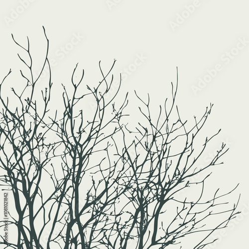 Trendy botanical design, hand-drawn silhouette of tree branches in deep green with soft gray shading, layered effect on pale gray sky, unique vector illustration.