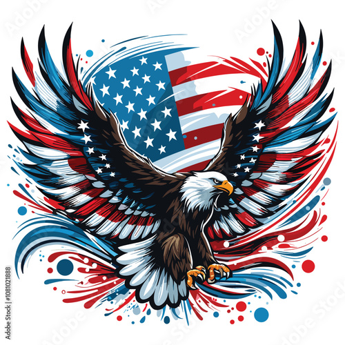 American eagle with spread wings in vibrant colors, patriotic illustration, USA celebration