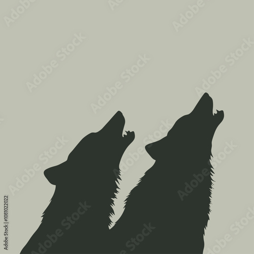 Atmospheric hand-drawn silhouette of wolves howling in dark green, gray shading, trendy pattern wildlife art, unique vector illustration, dramatic gray sky.