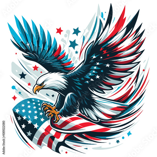 American bald eagle vector with flag, vibrant patriotic illustration, Independence Day decor