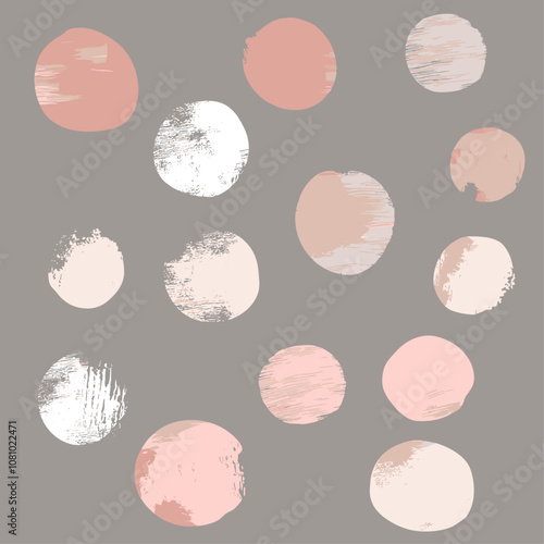 Muted gray background with hand-drawn, softly scattered circular shapes in pale pink and light beige, trendy pattern, wallpaper, textile design, vector illustration, soft aesthetics.