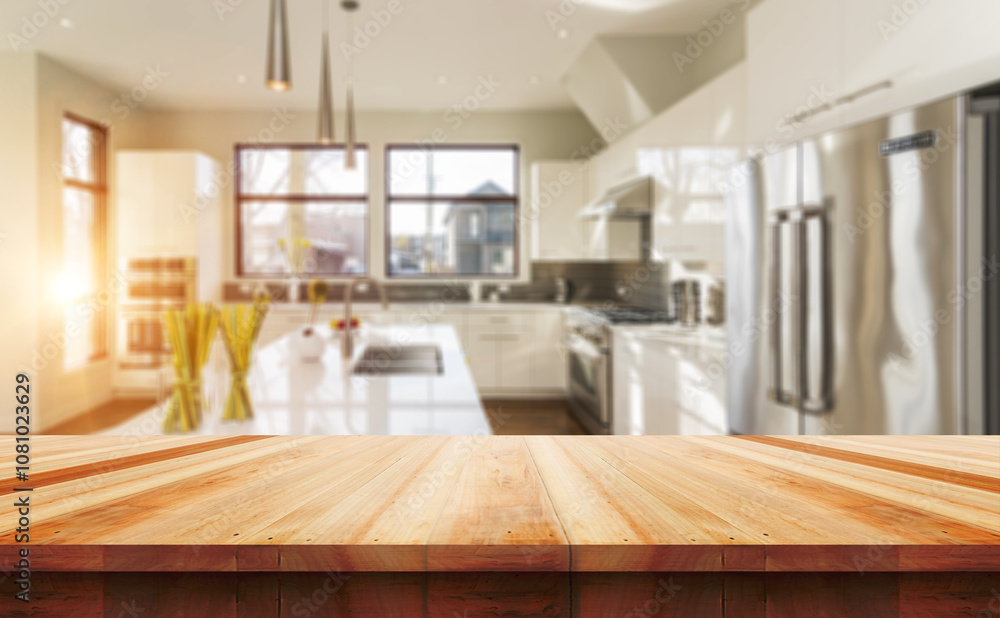 Empty wooden table with the bright white interior of the kitchen as a blurred background behind the bokeh golden sunshine
Empty wooden table with the bright white interior of the kitchen as a blurred background behind the bokeh golden sunshine