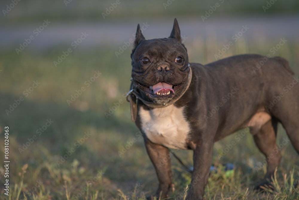 Beautiful purebred French Bulldog on a walk in spring. Beautiful purebred French Bulldog on a walk in spring.