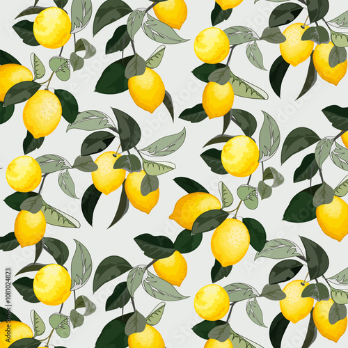 Lemons in vector pattern.Seamless vector pattern with branches of lemons on a colored background.