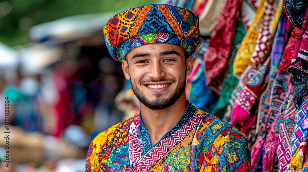 Fototapeta premium #motw - A handsome Uzbek man wearing colorful traditional attire smiles warmly in a vibrant cultural setting.