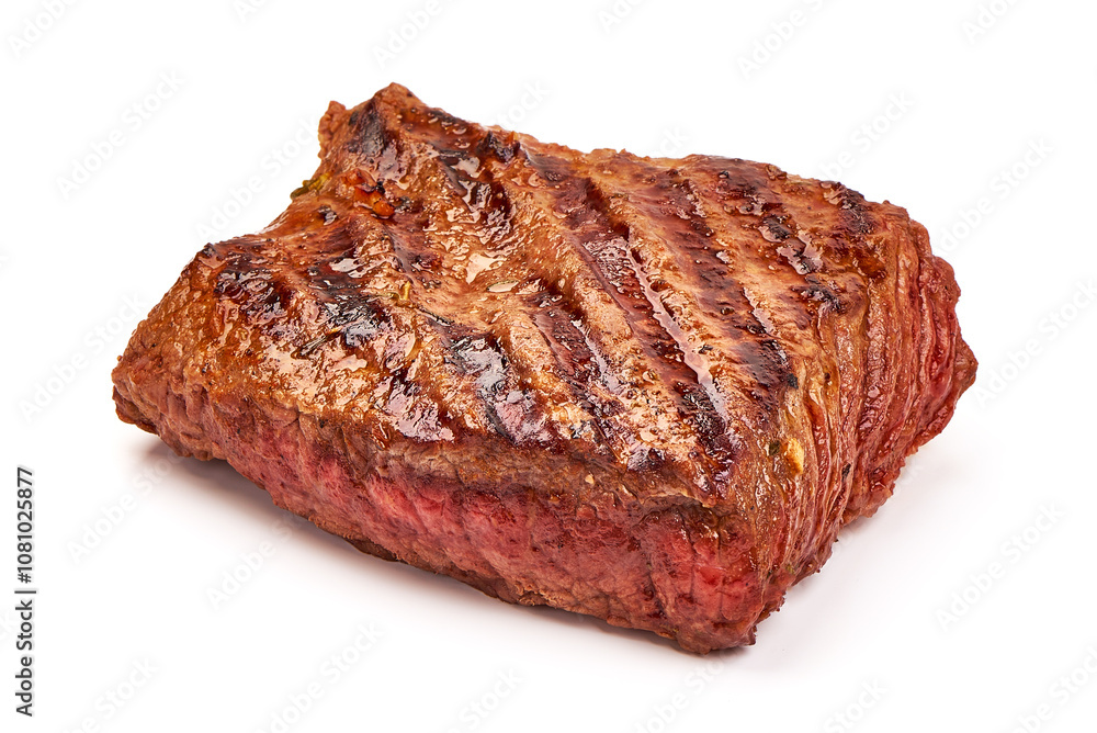 Grilled beef steak, medium rare steak, isolated on white background.