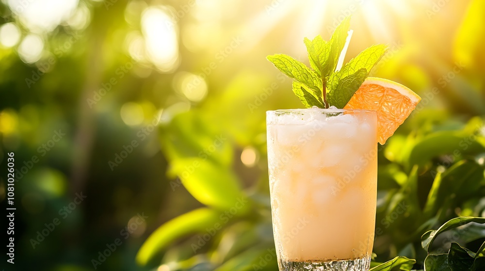 A refreshing grapefruit and mint cooler, garnished with mint leaves, in a sunny outdoor setting A refreshing grapefruit and mint cooler, garnished with mint leaves, in a sunny outdoor setting