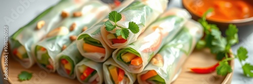 Fresh spring rolls, filled with vegetables and shrimp, are ready to be dipped in sauce photo