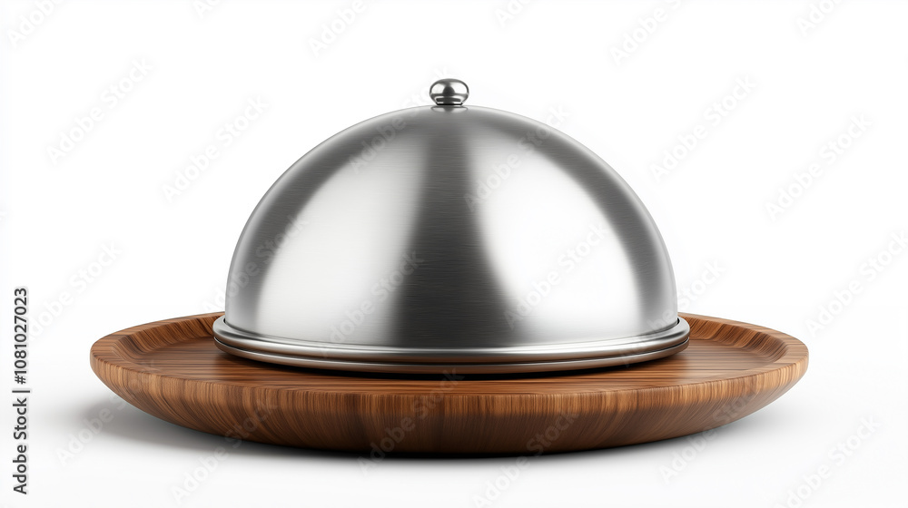 Silver cloche covering food serving tray on white background Silver cloche covering food serving tray on white background
