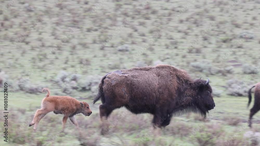 Bison Cows and Calves in Springtime in Wyoming Bison Cows and Calves in Springtime in Wyoming