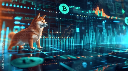Shiba Inu dog examining a futuristic digital finance dashboard with charts graphs and financial indicators for cryptocurrency trading blockchain technology and virtual currency exchange