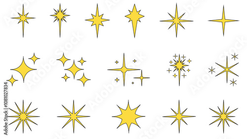 Set of stars icon, Star icon, golden star, shooting star, Christmas star, space, Christmas icon, merry christmas, star with black stroke, five points star, black stroke