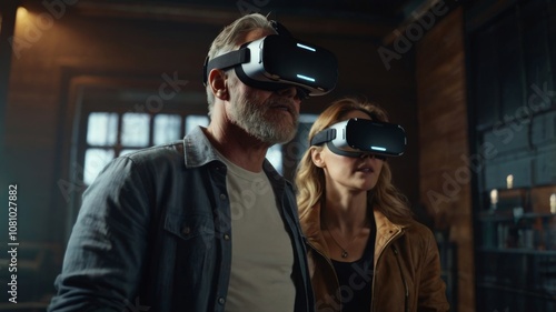 A couple of elderly grandparents wear virtual reality glasses. gray-bearded grandfather husband and grandmother wife playing a video game in the living room.