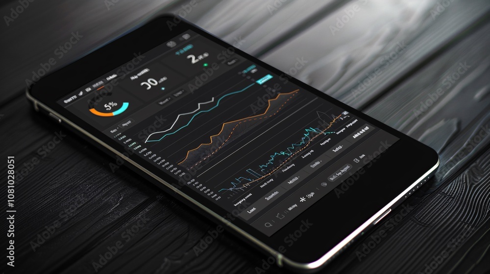 Smartphone displaying a financial analytics dashboard with charts graphs and data visualizations for investment trading and market analysis Smartphone displaying a financial analytics dashboard with charts graphs and data visualizations for investment trading and market analysis