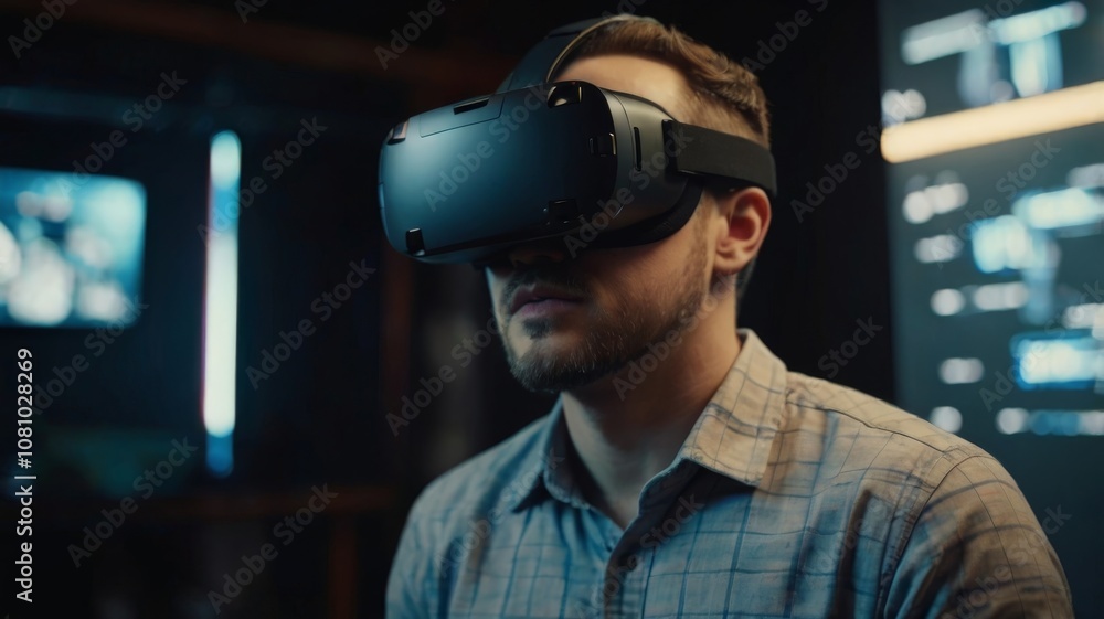 Man wearing virtual reality headset having great fun