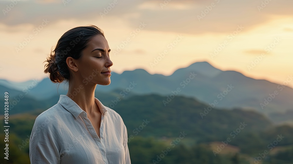 healing reflections , Moments of stillness concept A serene woman meditates outdoors, surrounded by mountains and nature, embracing peace at sunset. healing reflections , Moments of stillness concept A serene woman meditates outdoors, surrounded by mountains and nature, embracing peace at sunset.