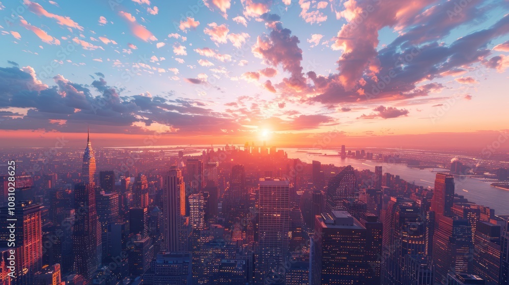 A vibrant sunset over a cityscape with tall buildings, casting a warm glow over the scene. A vibrant sunset over a cityscape with tall buildings, casting a warm glow over the scene.