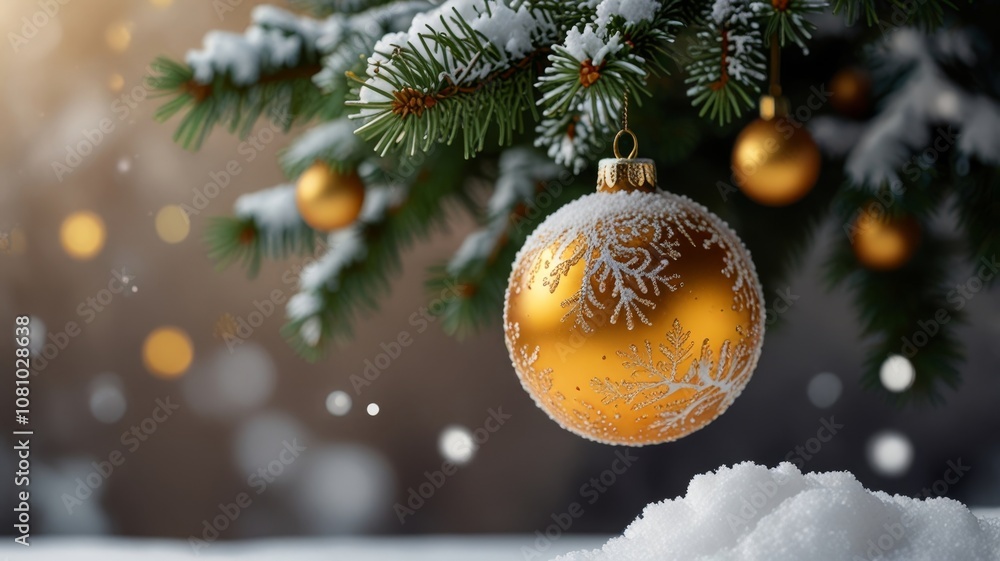Christmas background. Golden New Year's ball on a Christmas tree branch in the winter forest