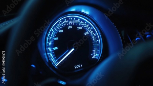 Blue Illuminated Car Speedometer Gauge Displaying 202 photo