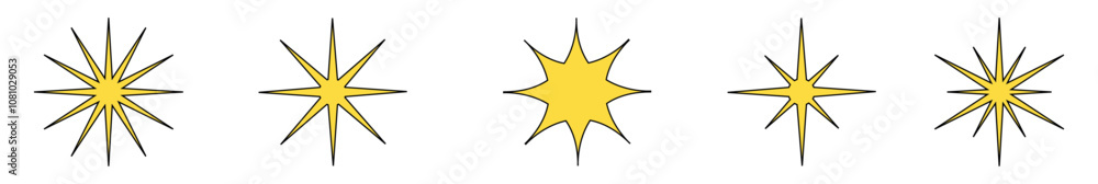 Obraz premium Set of stars icon, Star icon, golden star, shooting star, Christmas star, space, Christmas icon, merry christmas, star with black stroke, five points star, black stroke