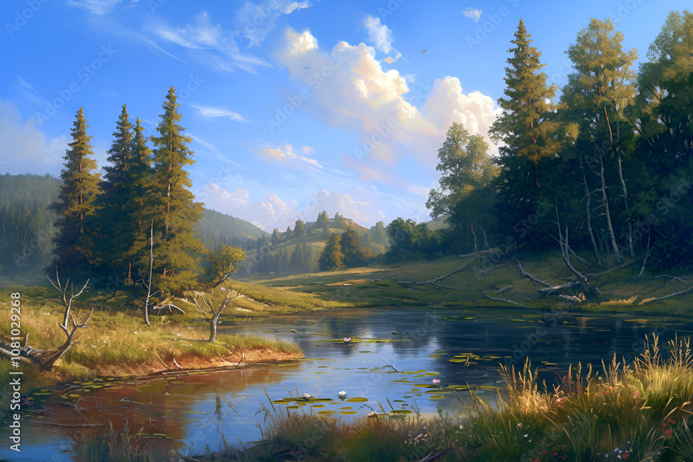 Tranquil Forest Pond Illustration Tranquil Forest Pond Illustration
