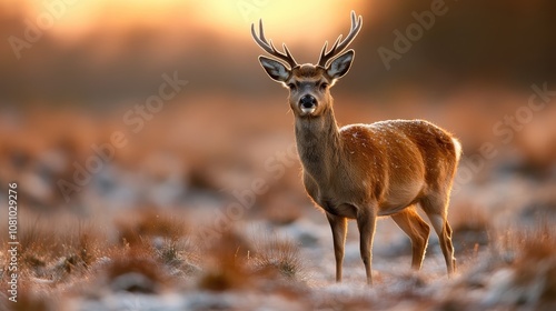 A lone stag stands peacefully amidst a snowy landscape, fixedly gazing towards the camera, evoking a sense of calm, natural beauty, and the quiet of a winter's day.