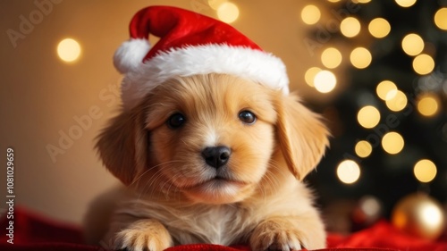 Obraz na płótnie Cute red puppy in a red Santa hat against the background of a Christmas tree with golden bokeh w salonie