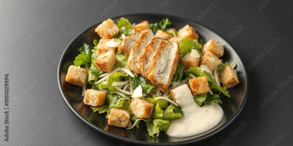 Fresh caesar salad with crispy croutons, grilled chicken, parmesan cheese, and creamy dressing on a sleek black plate against a dark background, meal, lunch Fresh caesar salad with crispy croutons, grilled chicken, parmesan cheese, and creamy dressing on a sleek black plate against a dark background, meal, lunch