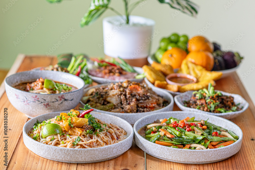 A variety of Tai Yai food is served on the table inside the restaurant and Tai Yai food is considered healthy because most of the ingredients are from beans and vegetables it is not heavily seasoned. A variety of Tai Yai food is served on the table inside the restaurant and Tai Yai food is considered healthy because most of the ingredients are from beans and vegetables it is not heavily seasoned.