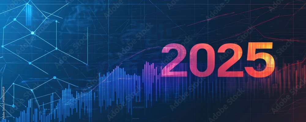 Futuristic digital design featuring the year 2025 with vibrant colors and abstract data visualization Futuristic digital design featuring the year 2025 with vibrant colors and abstract data visualization