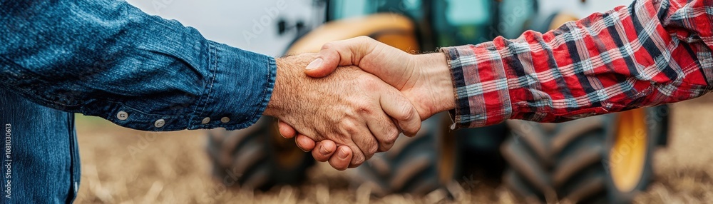 Fototapeta premium Two farmers shaking hands in a field, symbolizing partnership and collaboration in agriculture