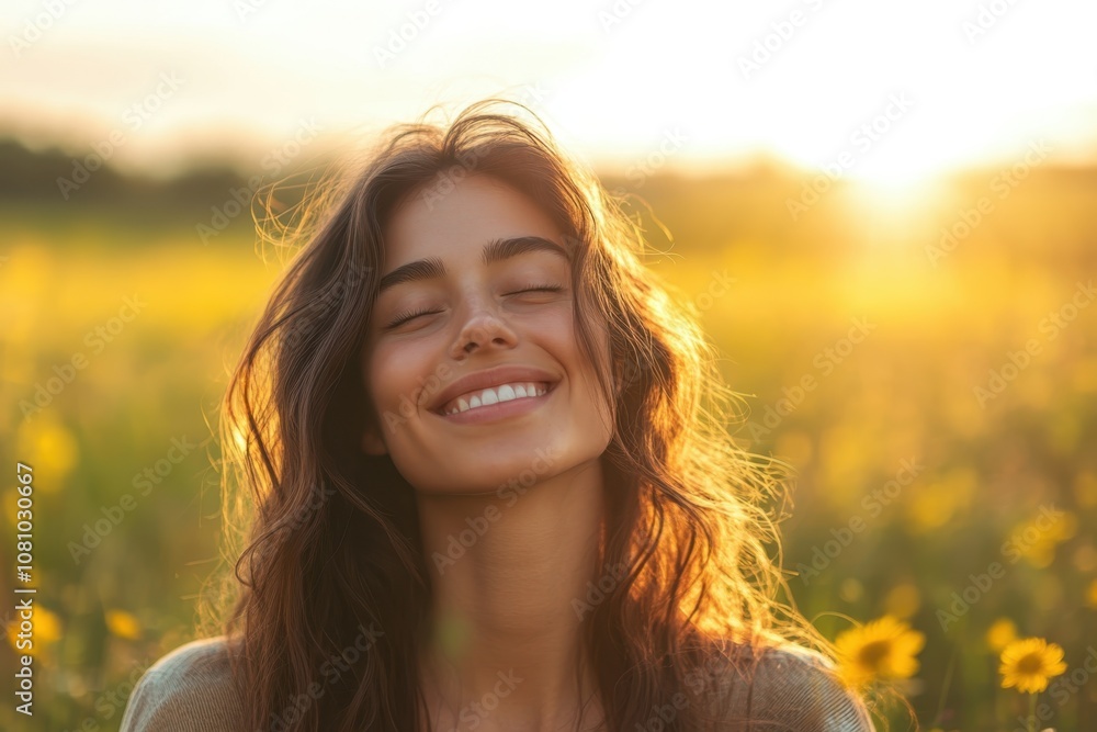 A joyful young woman smiling in a sunlit field of wildflowers during golden hour A joyful young woman smiling in a sunlit field of wildflowers during golden hour