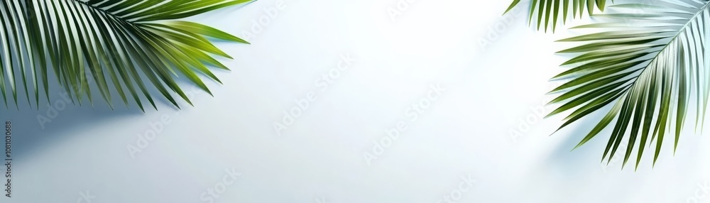 Obraz premium Vibrant green palm leaves frame a serene light blue background, creating a tropical atmosphere