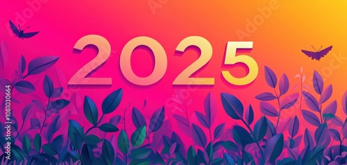 Vibrant graphic featuring the year 2025 goal amidst colorful foliage and butterflies, symbolizing growth and renewal