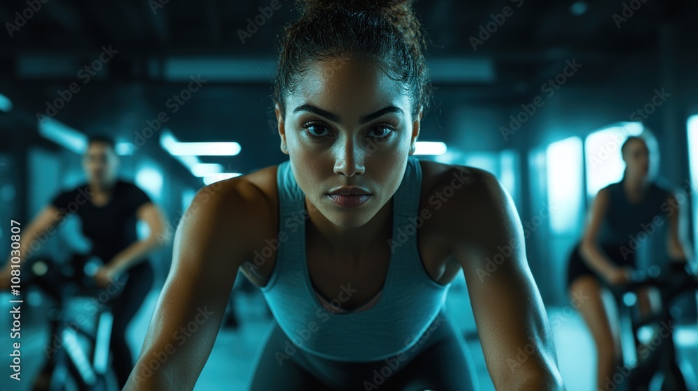 Intense cycling workout in a fitness studio. Intense cycling workout in a fitness studio.