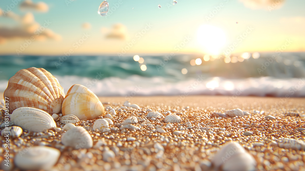 Seashells on tranquil beach at sunset with gentle waves Seashells on tranquil beach at sunset with gentle waves