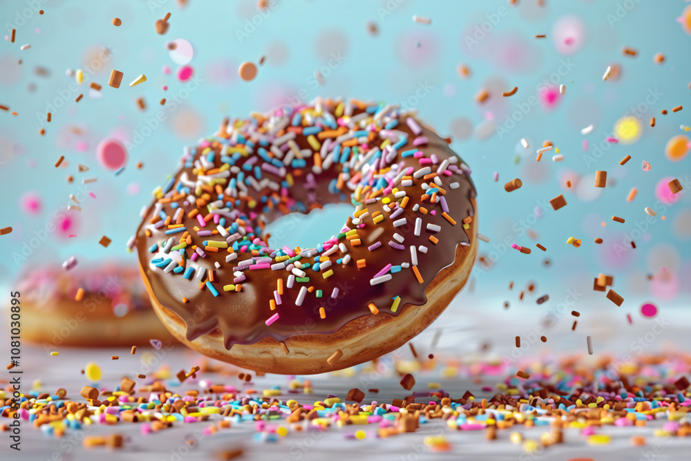 Donuts with Colorful Sprinkles and Sweet Glaze on a Wooden Background, Delicious Bakery Treats Donuts with Colorful Sprinkles and Sweet Glaze on a Wooden Background, Delicious Bakery Treats