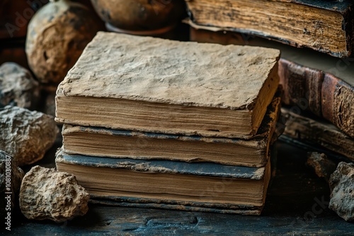 Old stacked books with worn covers and rocks on a rustic wooden surface in soft natural light