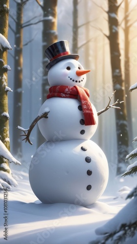 Obraz na płótnie Merry christmas and happy new year greeting card with copy-space.Happy snowman standing in winter christmas landscape.Snow background w salonie