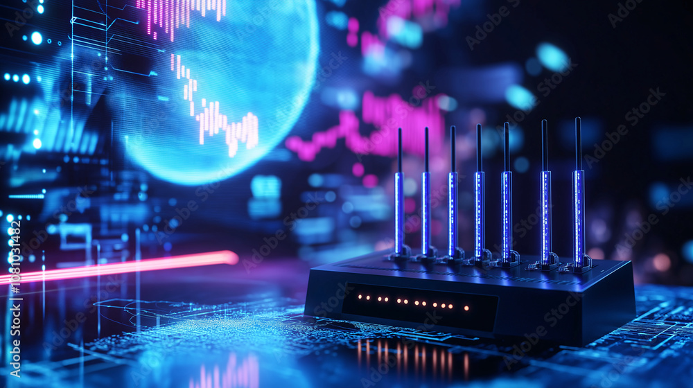 custom made wallpaper toronto digitalFuturistic Router with Glowing Antennas and Digital Background