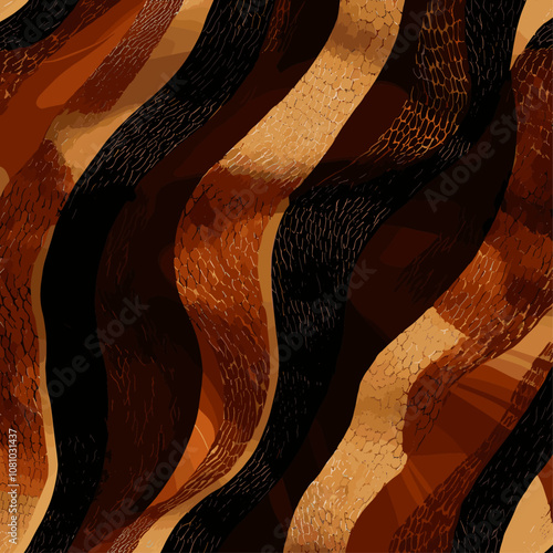 Hand-illustrated snake skin pattern with smooth textures in rich caramel and deep burgundy, trendy pattern for card, wallpaper, textile design, background, vector illustration.