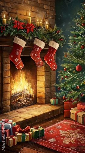 A cozy holiday setting with a fireplace, Christmas tree, and gifts surrounded by festive decorations