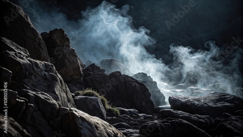 Mysterious tendrils of vapor curl around jagged rocks in a dark and foreboding setting, haunted scenery, ghostly vegetation, jagged rocks photo