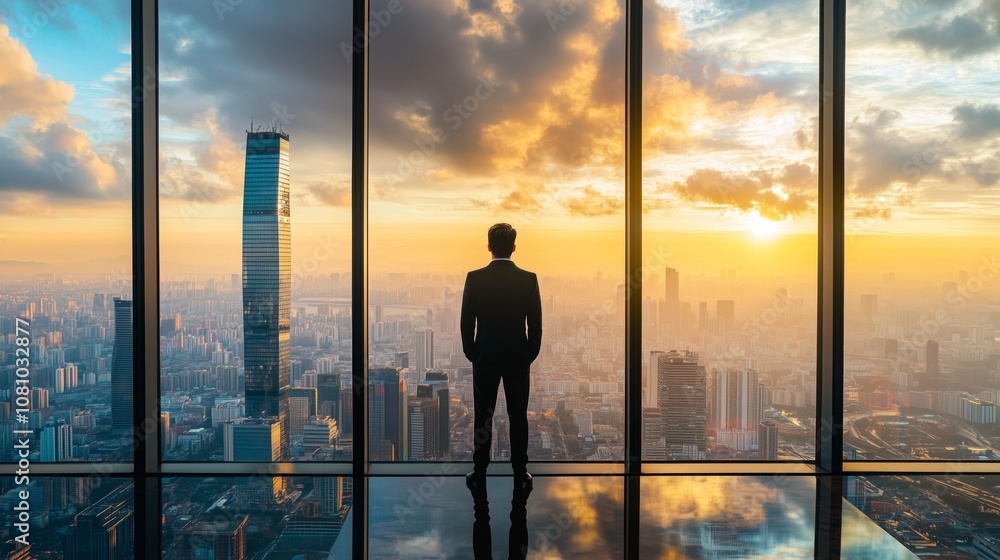 A man stands in front of a city skyline, looking out a window at the sun. Concept of solitude and contemplation, as the man gazes out at the vast urban landscape. The sun's rays illuminate the city A man stands in front of a city skyline, looking out a window at the sun. Concept of solitude and contemplation, as the man gazes out at the vast urban landscape. The sun's rays illuminate the city