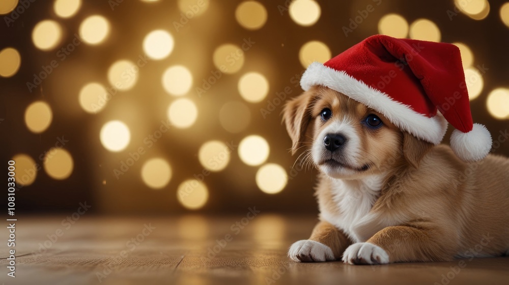Cute red puppy in a red Santa hat against the background of a Christmas tree with golden bokeh