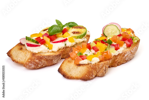 Spanish Tapas and Pinchos with cottage cheese, tomatoes and herbs, Italian Bruschetta, isolated on white background.