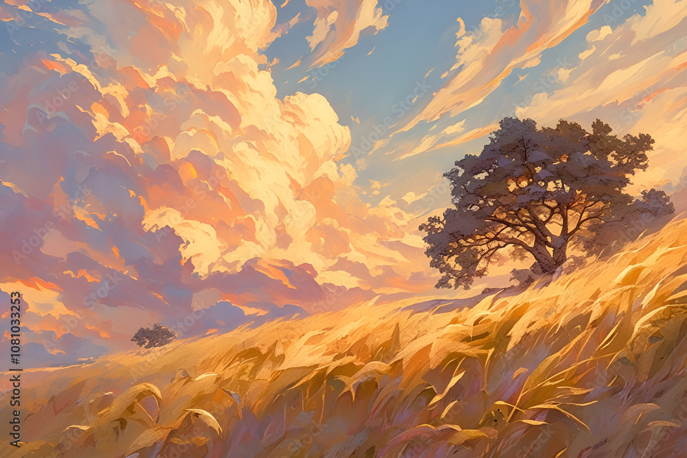 Golden Field Sunset Illustration Golden Field Sunset Illustration
