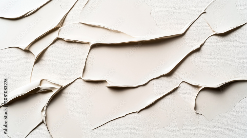 Close-up of white textured abstract art with layered and sculpted paint on canvas forming organic shapes Close-up of white textured abstract art with layered and sculpted paint on canvas forming organic shapes