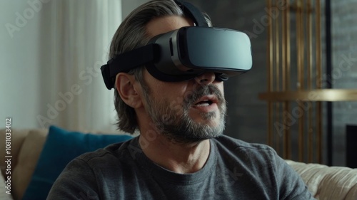 Obraz na płótnie Adult man wearing VR virtual reality glasses playing on the sofa in the room w salonie