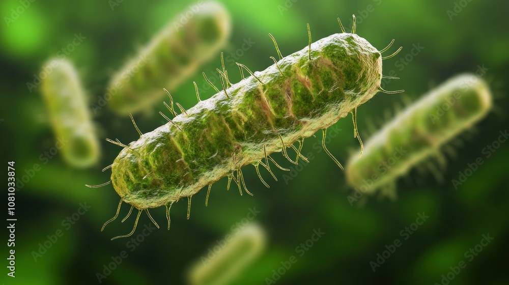 Fototapeta premium Microscopic view of green bacteria in a vibrant setting.